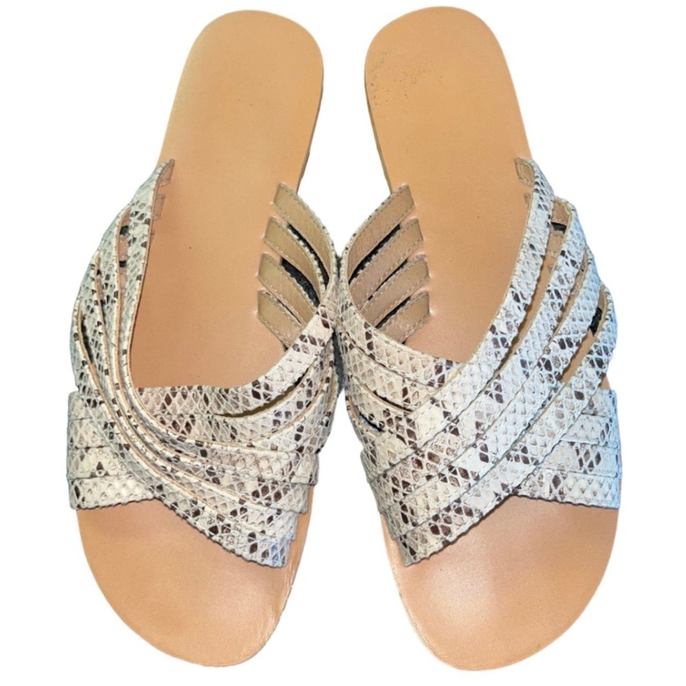 Snakeskin Tan Black White Leather Slide On Sandals 7.5